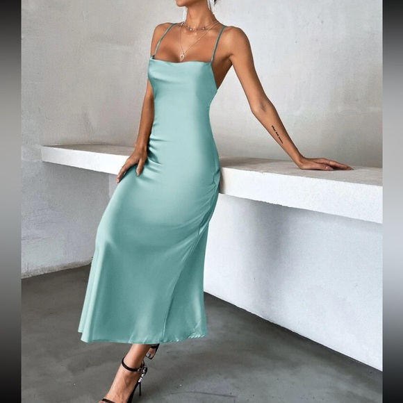 Luxe tie open back satin cami party formal evening wedding dress - Picture 8 of 16